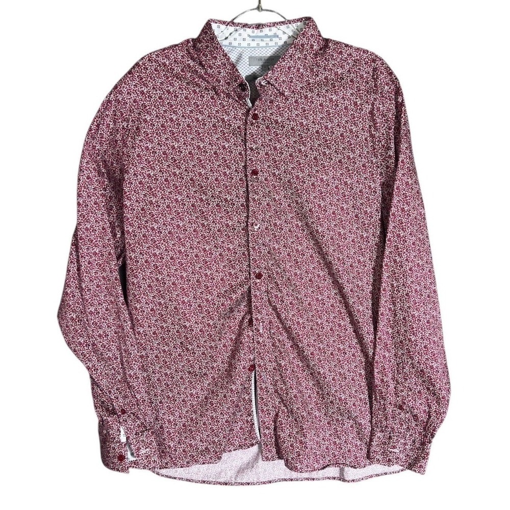 Ted Baker Button Down Shirt Mens 6 Red Floral Stretch Casual Long Sleeve